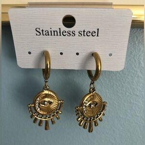 Sun Moon Evil Eye Gold Colored Stainless Steel Statement Earrings